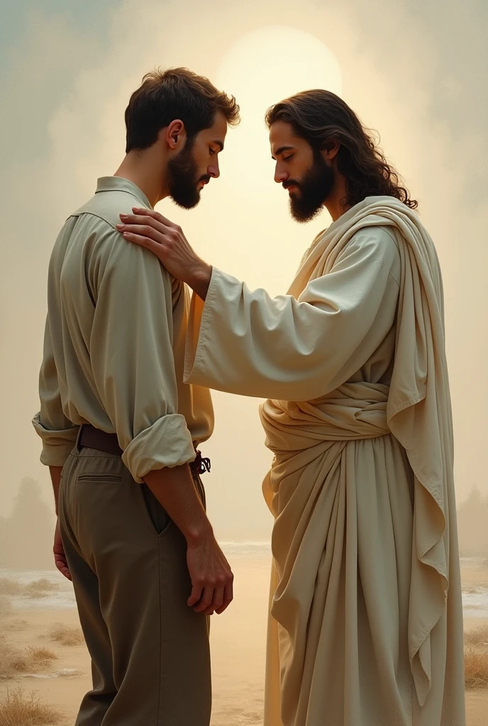Jesus pause une mains sur l’épaule d’un homme qui marche de profile sur la gauche