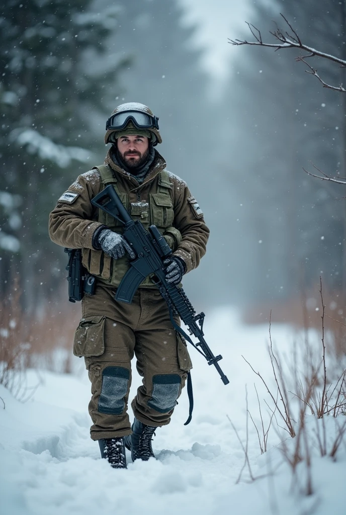 soldier russian in the forest does not snow alone