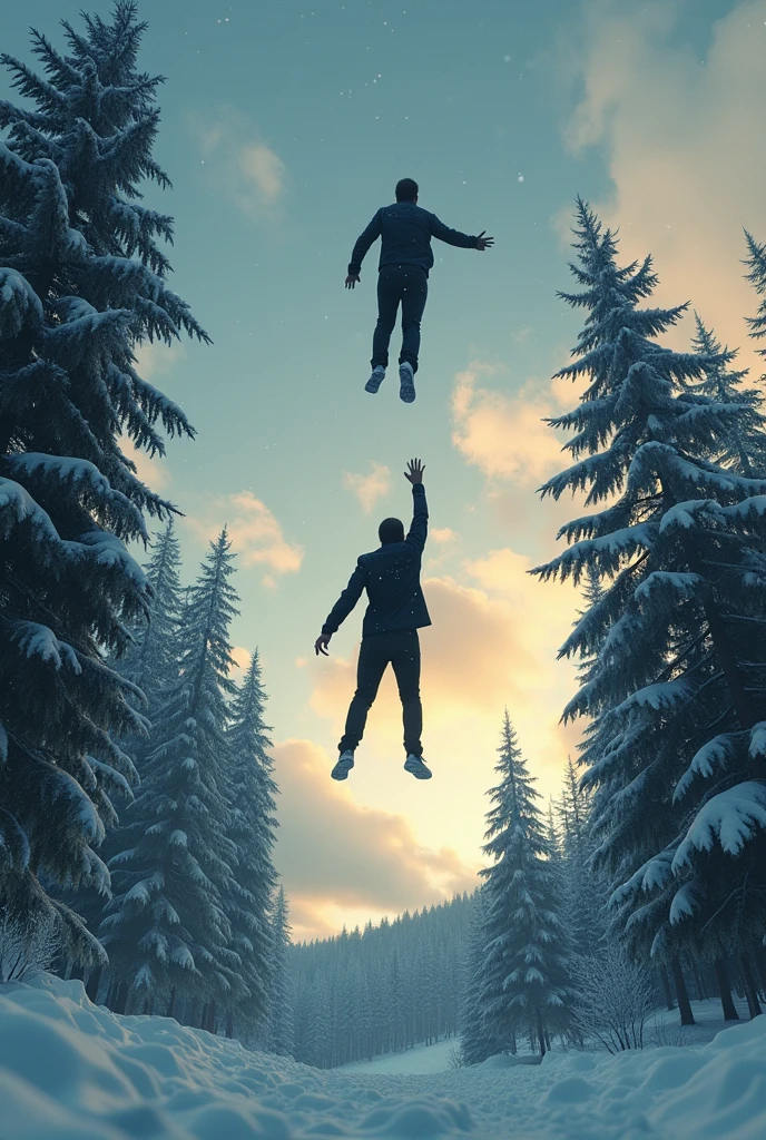 Book cover with a man falling from the sky, Below him there is a pine forest and above him there is a man who is trying to reach him from the sky.. There are many clouds with a slight sunset, It&#39;s snowing and you can see snowflakes in the distance, They are both dressed in black and the one who is falling is facing away