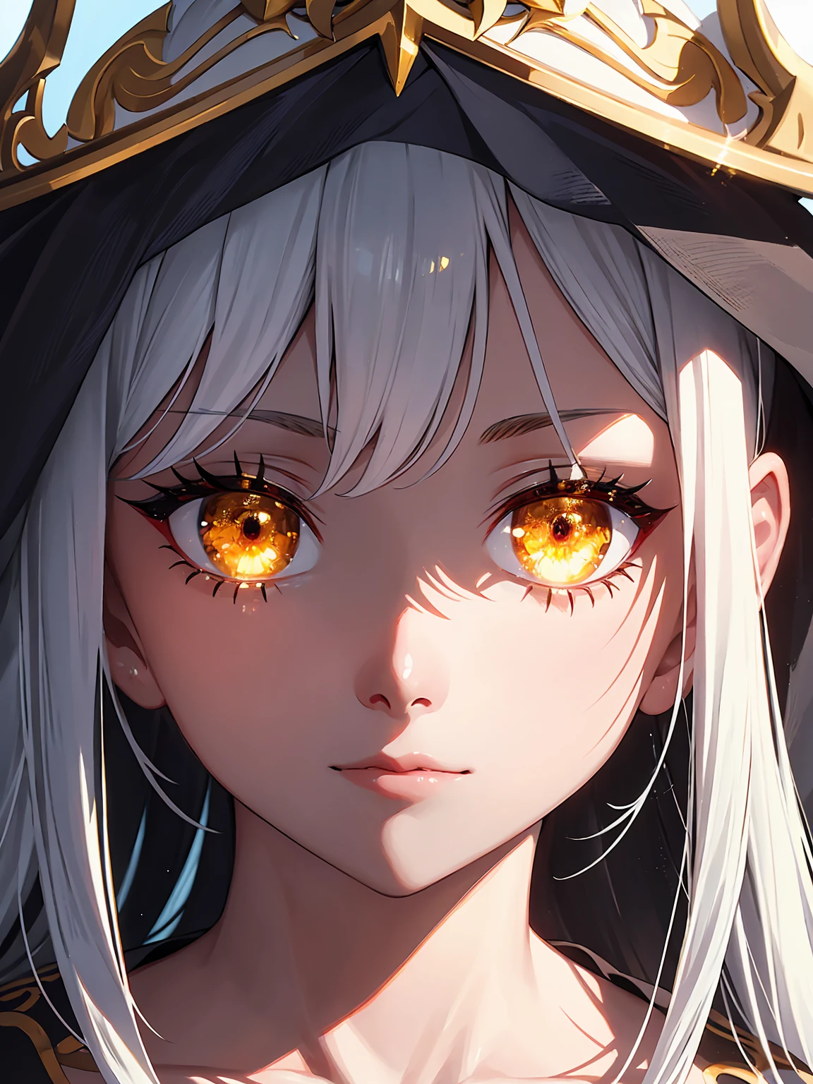 Woman1, face close-up, detailed eyes close-up, bright and glowing golden eyes, beautiful and detailed face, long and detailed white hair, high detail, better resolution, detailed face and eyes