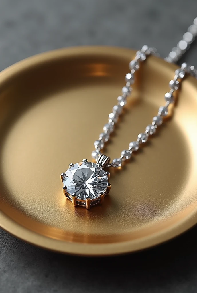 April Birthstone、All April's Day、100 carat diamond necklace、It's on a golden plate、The background is gray, Surrealism, Verism, Fujicolor, cinematic lighting, UHD, accurate, super detail, masterpiece, high details, super detail, high quality, best quality, highres
