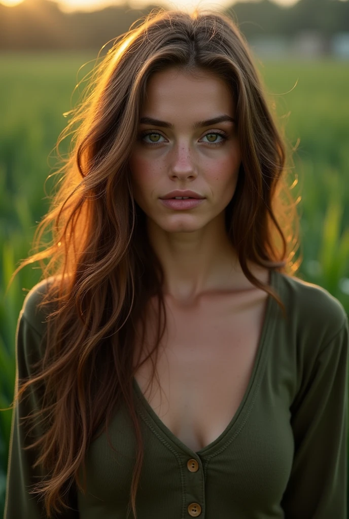 25 years old, farmer sexy girl, 8K, high detailed, green eyes, long hair, cinematic