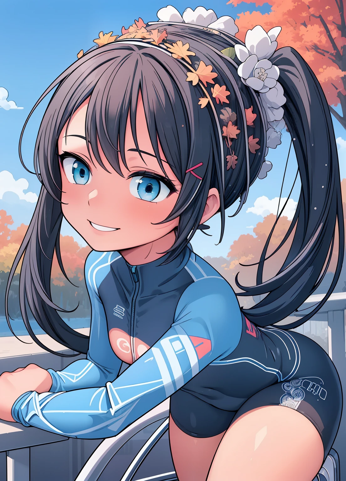 (masterpiece、Highest quality、Highest quality、Official Art、Beautiful and beautiful:1.2)、(One girl:1.3)Hatsune Miku、Twin tails,Beautiful breasts, Katsushika Hokusai,(Realistic), (Intricate details: 1.2), (Tabletop: 1.3), (Highest quality: 1.4), (Ultra high resolution A: 1.2), Ultra high resolution A, (Detailed eyes), (Detailed face), Dramatic lighting, Sharp focus, 1 Beautiful Girl,Beautiful Japanese Idols,(Road Bike Racing Uniform),Teenage girl with perfect bike ride,In addition々Cowardly face, Beautiful Face, smile,Big Ass,Perfect hands,Beautiful legs,(Ride a road bike:1.2),Ginkgo tree with leaves,Autumn blue sky,Observe your audience,