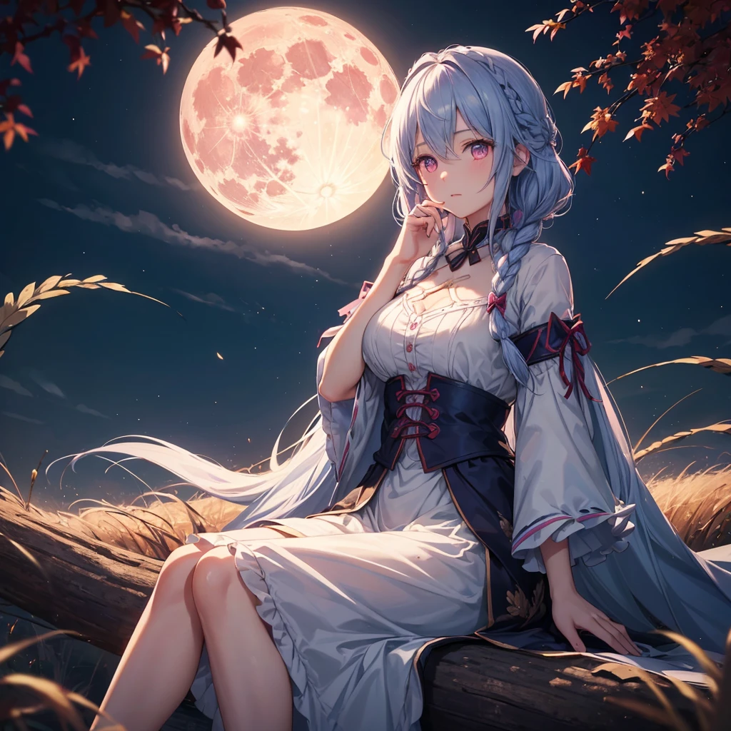 (Braiding),(Sky blue medium hair), (Pink eyes),(Fair skin) ,(whole body),(One Girl),(harvest moon),(A large amount of Miscanthus sinensis in the background),autumn,(full moon),(masterpiece, Highest quality, Very detailed, Best Shadow), (Detailed Background), (Beautifully detailed face), High Contrast, (Best lighting, Very delicate and beautiful), ((Cinematic Light)), Hyper Detail,8k, Dramatic Light, Intricate details,Maple