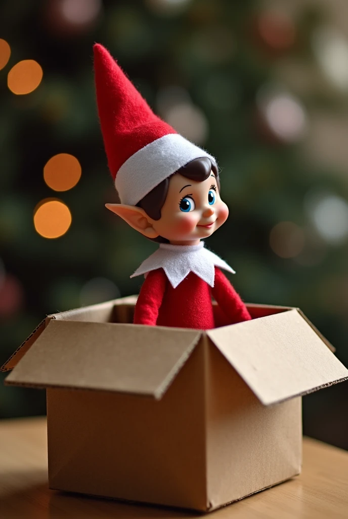 an elf in a cardboard box