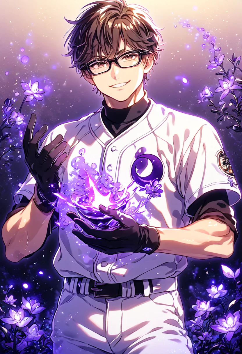 absurdres, highres, ultra detailed, HDR, master piece, Miyuki Kazuya, brown hair, expressive brown eyes, black glasses, white baseball uniform, black gloves, Diamond No Ace, sexy man, handsome, best quality, purple glittering crescent moon, purple flowers, fantasy, magical, solo, water, purple shining fireflies, purple petals, sensual, purple fire, manly man, handsome smile