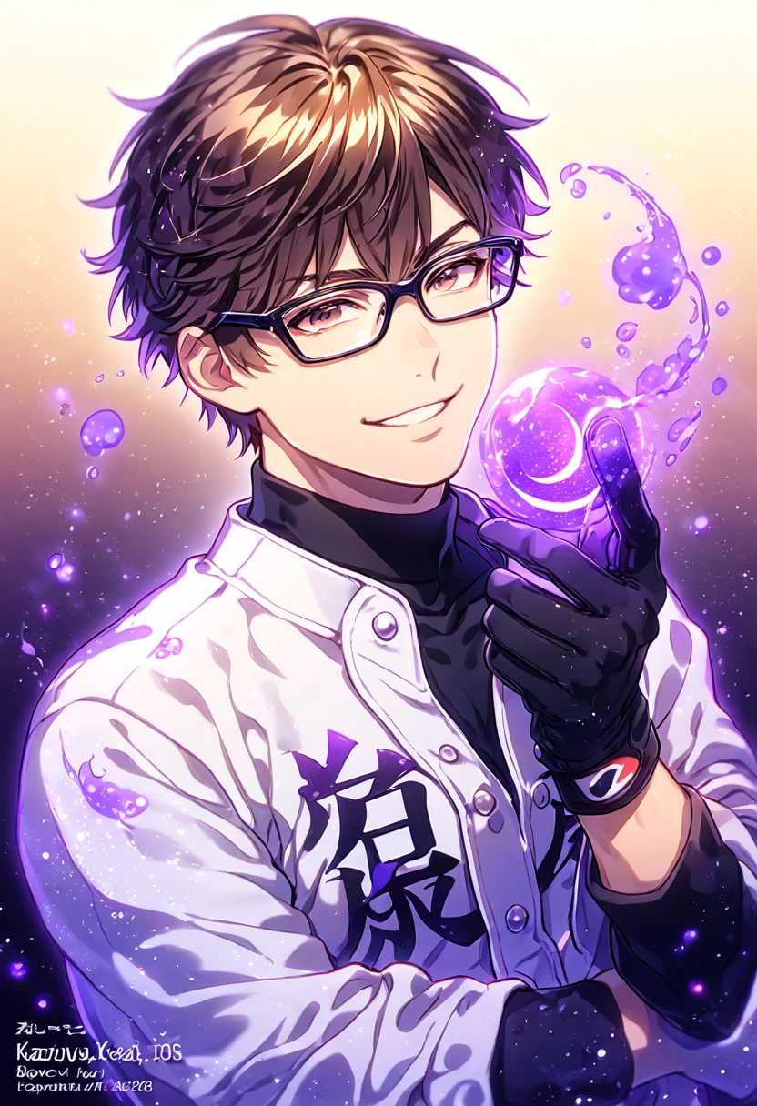 absurdres, highres, ultra detailed, HDR, master piece, Miyuki Kazuya, brown hair, expressive brown eyes, black glasses, white baseball uniform, black gloves, Diamond No Ace, sexy man, handsome, best quality, purple glittering crescent moon, purple flowers, fantasy, magical, solo, water, purple shining fireflies, purple petals, sensual, purple fire, manly man, handsome smile