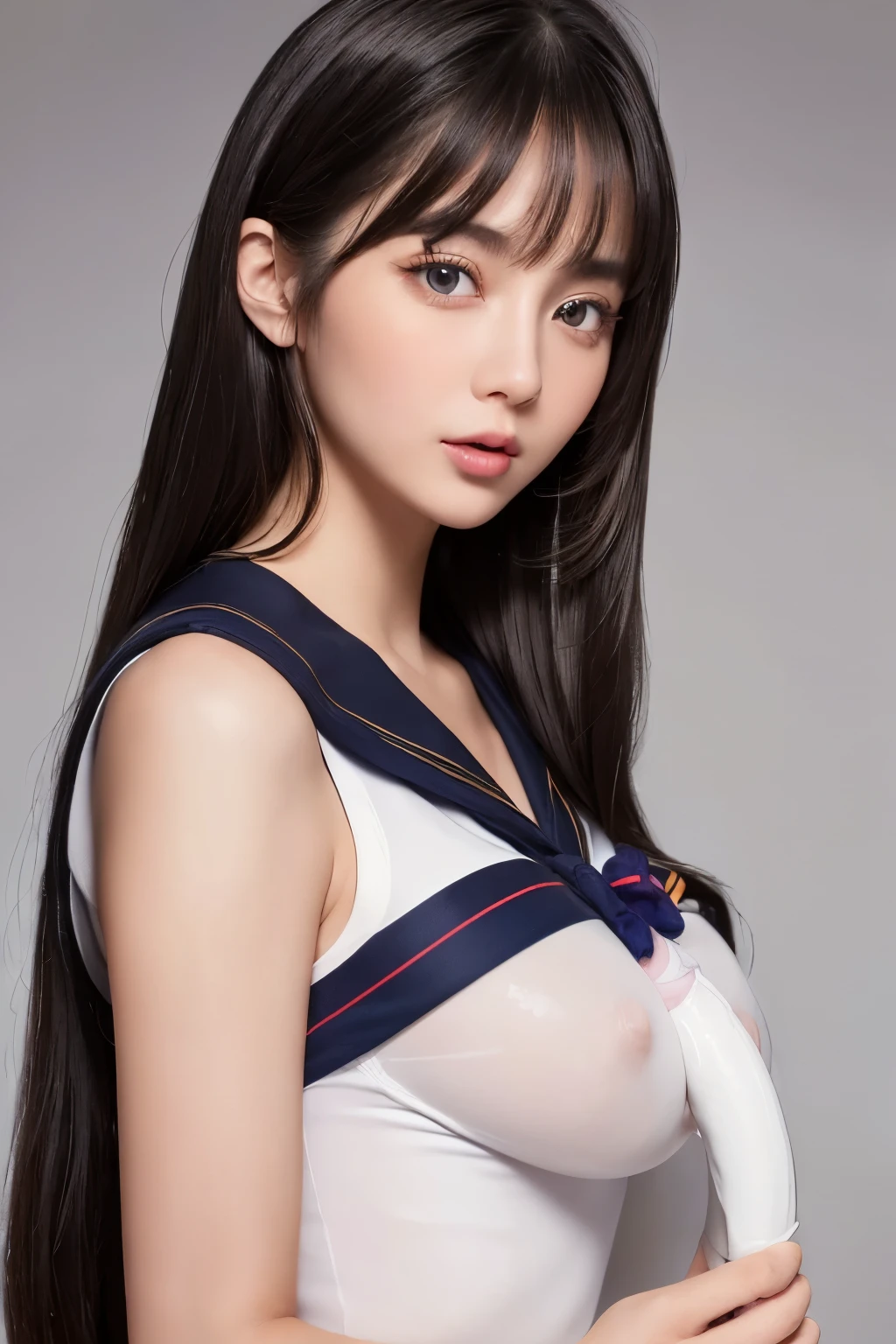(highest quaLightingy, 8k, High resolution, Realistic:2.0), (alone, One Girl:2.0),(Lighting: front),(Lighting: strong),(Russian beauty:2.0),(Platinum Blonde Hair:1.5),Cheek brown makeup , Heavy eye makeup , Use pink glossy lipstick,(Accentuate your cleavage),(shoulder strapless bra),((Big Breasts)),(Open your mouth:1.6),(A woman holding a penis model in front of her face:1.5),(Amazing orgasm)Portraiture、school uniform、,(Sailor suit:1.6),、Bright expression、ponytail、Young and shiny white glossy skin、Cheek highlight、Face gloss、Cheek gloss、Small Face Beauty、The best beauty in the world、Transparent black hair with shiny highlights、Super long bangs between the eyes,,、Shiny light black hair,、Very long silky straight hair、Very beautiful super long bangs、Beautiful, sparkling light grey eyes、A very beautiful, adorable and cute girl.、Big and ample breasts、、Huge breasts、