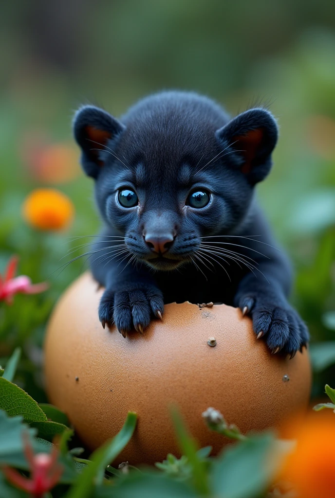 Navy blue baby puma hatching from an egg at UNAM 
