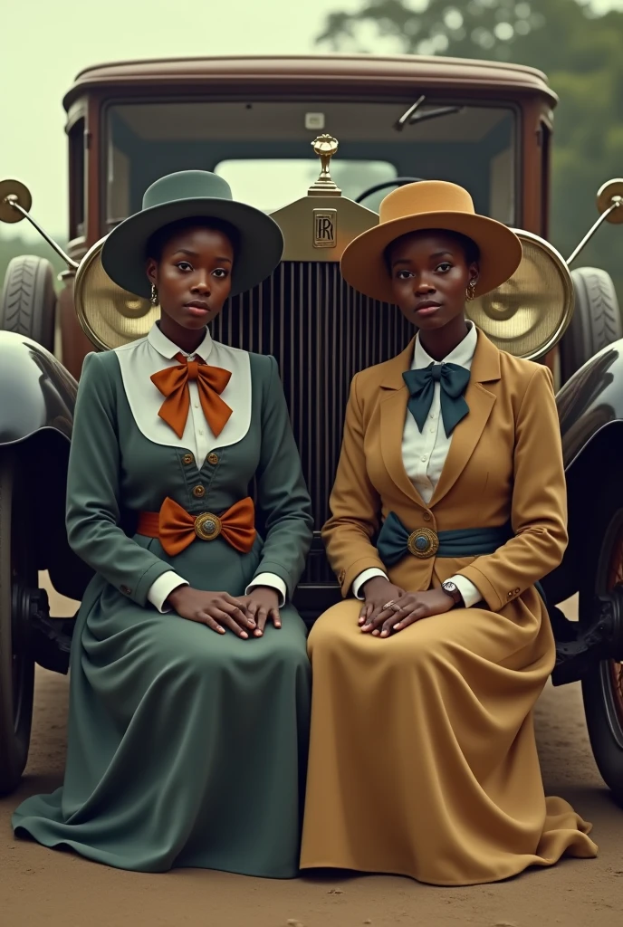 Two Nigerian young female sitting in front of an old model Royce Royce wearing an old school dress the female wearing a suspended belt and a hat and a bow tie a church like outfit