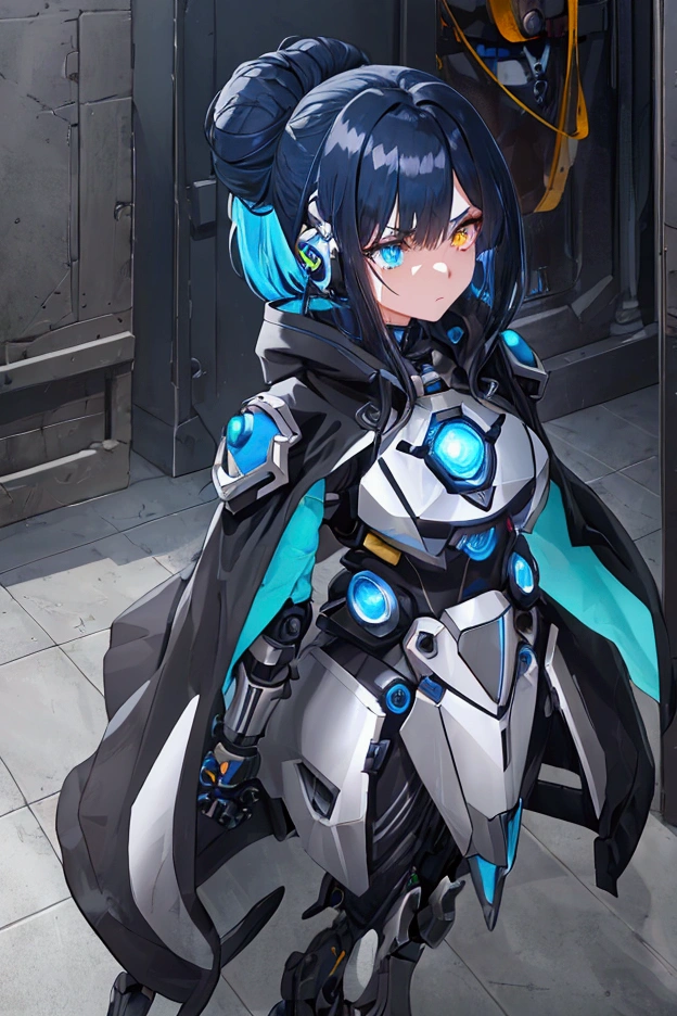 robotic, android girl, mechanical limbs, mismatched iris, full body, gritty sci fi, mechanical body, deep cobalt blue hair, mecha headset, mecha arms, asymmetrical arms, mecha ears, concept art, body armor, shape conforming armor, breastplate, mecha gauntlet, futuristic cloak, single hair bun, warrior stance, strong figure, yellow eye, black clothing, black jacket, serious, streaked hair, bangs, hair bun, hair behind ear, parted bangs, half updo, hair bun, asymmetrical hair, colored inner hair, white hair, aqua eye, glowing eyes, determined, dark blue hair, heterochromia, HD, masterpiece, super detail, best quality, accurate