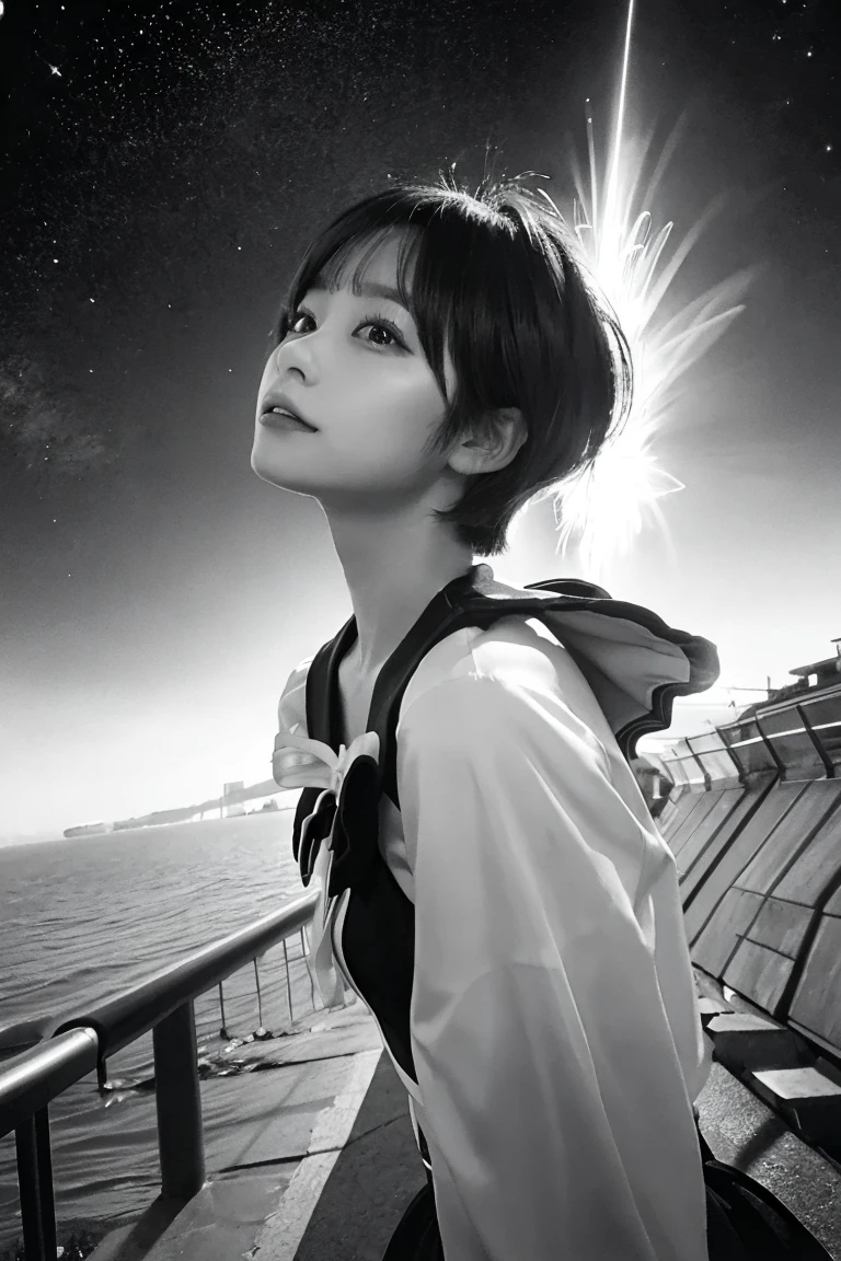 A coloring book of a magical girl looking up at the sky. Monochrome. Very short hair. High resolution. Anime touch. No coloring allowed under any circumstances.