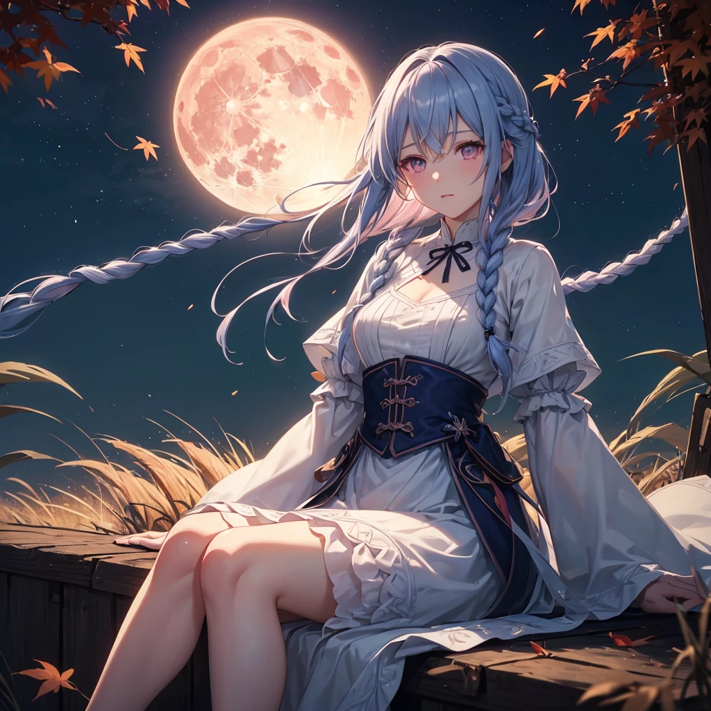 (Braiding),(Sky blue medium hair), (Pink eyes),(Fair skin)  ,(whole body),(One Girl),(harvest moon),(A large amount of Miscanthus sinensis in the background),autumn,(full moon),(masterpiece, Highest quality, Very detailed, Best Shadow), (Detailed Background), (Beautifully detailed face), High Contrast, (Best lighting, Very delicate and beautiful), ((Cinematic Light)), Hyper Detail,8k, Dramatic Light, Intricate details,Maple