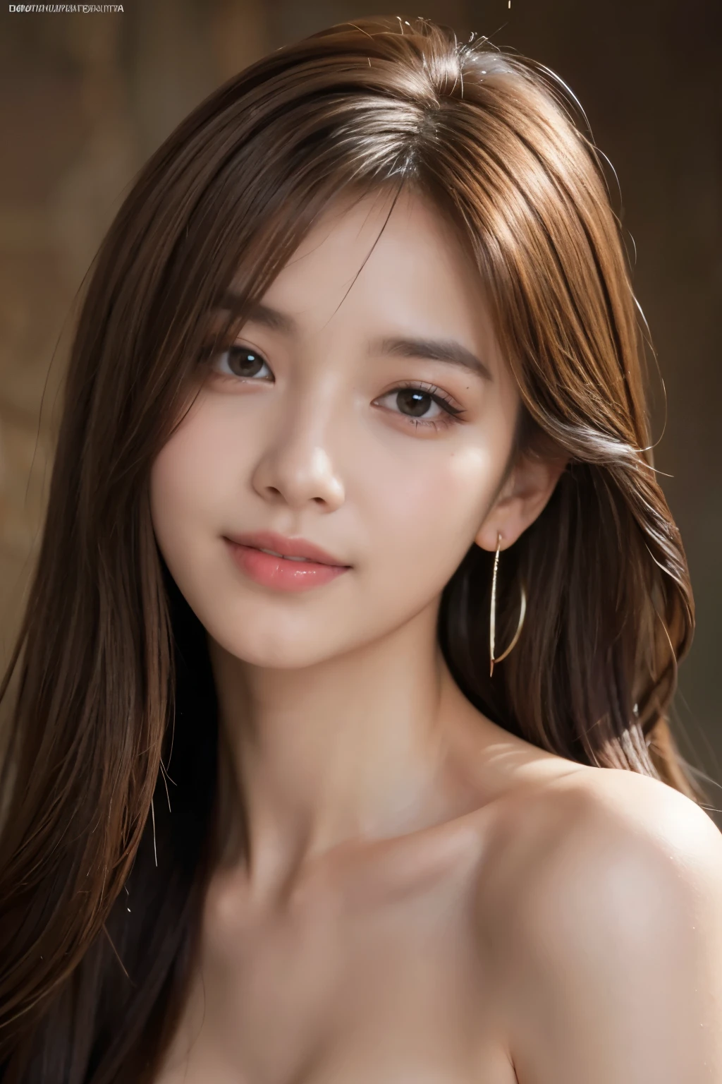 Best quality, realistically, ultra - detailed, Detailed pubic hair, A high resolution, solid color backdrop，8k wallpaper, 1 Beautiful woman, light brown messy hair,  lock focus, Perfect dynamic composition, beautiful eyes, Delicate hair, Detailed realistically skin texture, Smiling, closeup portrait, Model body type,