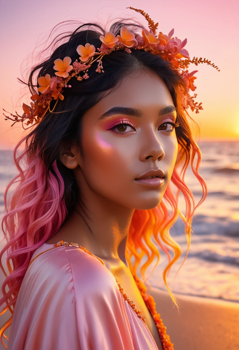 A young woman with hair in a pink and orange gradient, remembering the sky at dawn. Her hair is adorned with tiny coral flowers and ribbons of golden seaweed.. Your eyes are a soft gold, with a warm, welcoming glow. Sua pele tem um tom dourado, reflecting the soft light of the rising sun on the sea. Ao fundo, there is a mixture of orange tones, pink and gold, evoking the beginning of a new day in the depths of the ocean. 8 k quality, radiant and welcoming style.