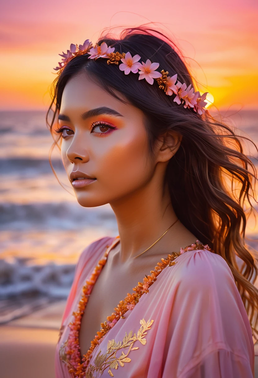 A young woman with hair in a pink and orange gradient, remembering the sky at dawn. Her hair is adorned with tiny coral flowers and ribbons of golden seaweed.. Your eyes are a soft gold, with a warm, welcoming glow. Sua pele tem um tom dourado, reflecting the soft light of the rising sun on the sea. Ao fundo, there is a mixture of orange tones, pink and gold, evoking the beginning of a new day in the depths of the ocean. 8 k quality, radiant and welcoming style.