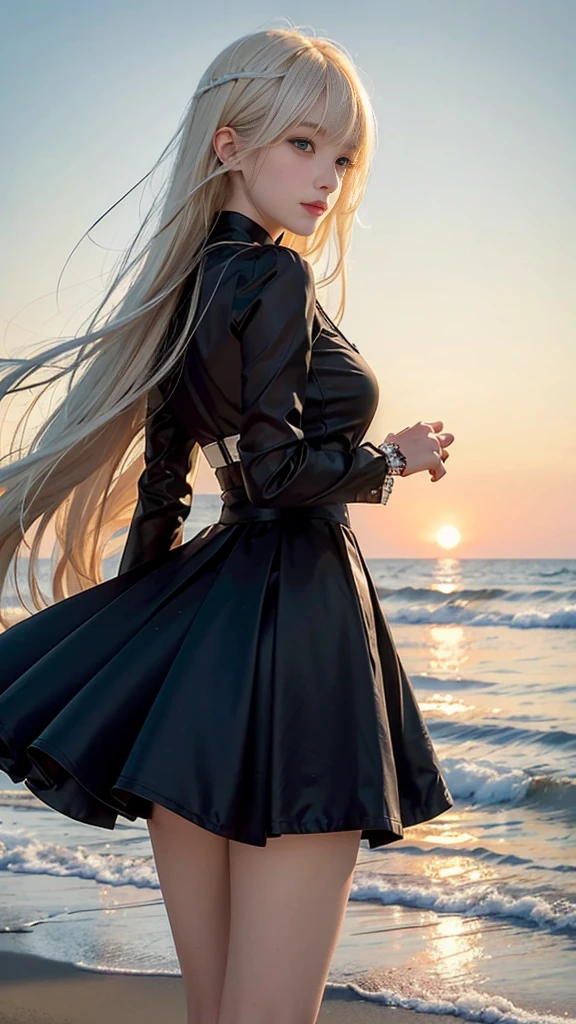 1 girl, Blonde Hair, White hair, Long hair, Bangs, Bright Eyes, Long eyelashes, Students performed well, compensate, Smile, Depth oF bounds written, From below, contour, From behind, Wide-angle lens, F/1.4, 135 mm, Canon, nffsw, Retina, precise, Anatomically correct, Rough skin, Very detailed, Advanced Details, high quality, 最high quality, high resolution, 8K, (Woman walking on the beach at sunset), 逆光のcontour, (Transparent black dress), ((光を通して体のcontourが見える)), (Hair blowing in the wind), (Skirt fluttering in the wind)