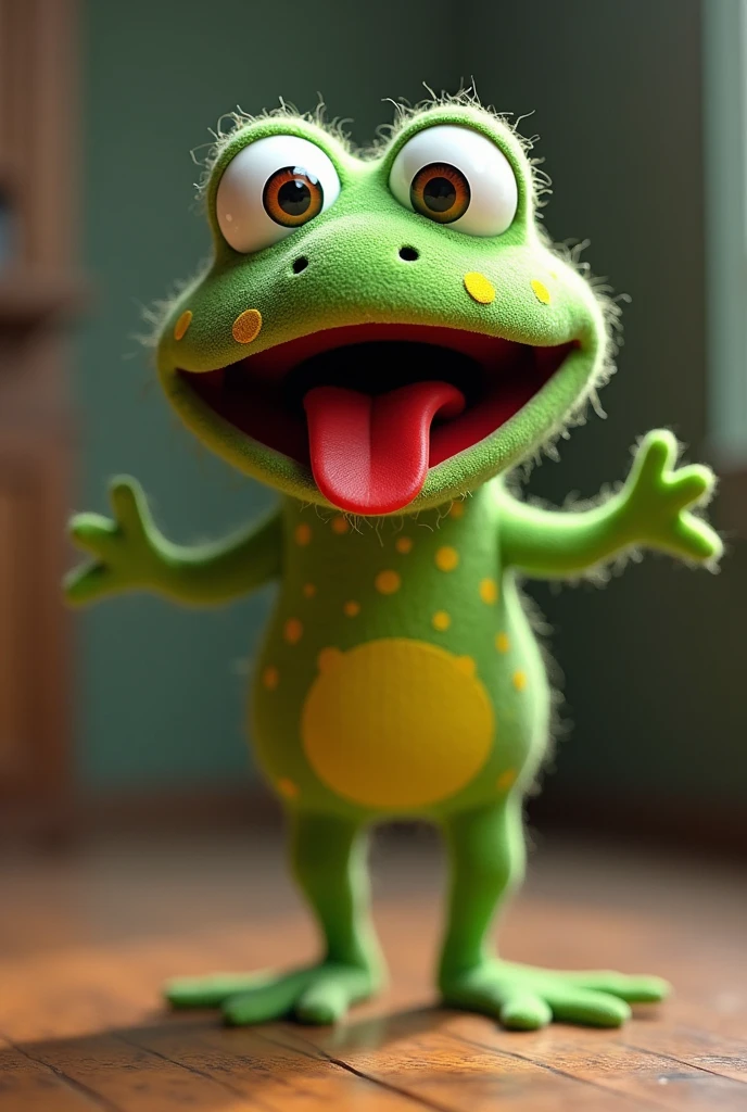 now create Zé, the Jumping Frog, also a puppet, green puppet with yellow spots, big expressive eyes and a red tongue. funny, a little confused