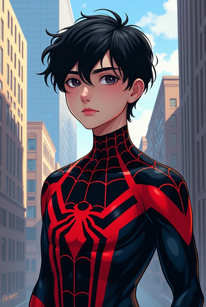 Marvel Comic Panel : a 19 year old boy, White skin, black eyes,  semi short black hair , piercings and a black and red spiderman suit in a city with a fixed gaze 