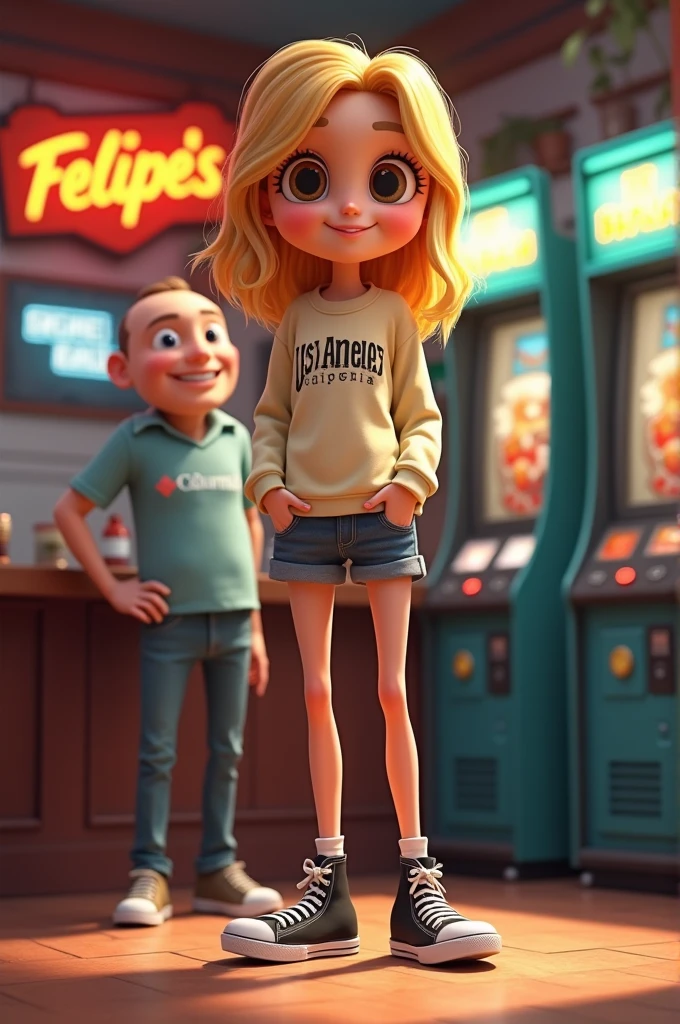 Animated tall blonde girl with a Los Angeles California sweatshirt, black tennis shoes paired with a round-headed white man with a Columbia shirt in the background, a bar with Pain Balla machines that says Felipe's bar