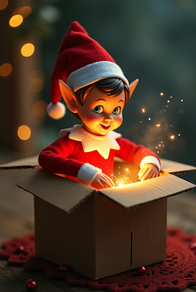A magical elf in a cardboard box
