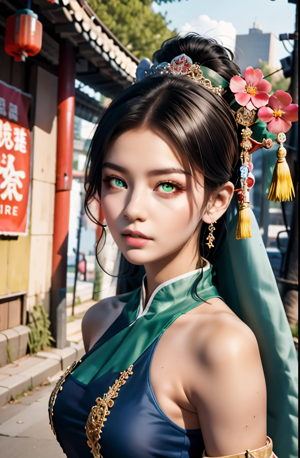 A girl, whole body, Clear facial features, Stunning facial features, beautiful eyes, Ancient Chinese Clothing, Chinese Cyberpunk, Cyberpunk City Headdress, Hair accessories, Super complex design, Mechanical Mecha, technology, Stunning lighting, C4D, OC Rendering, Film Rim Light, Fine light, masterpiece, Super Detail, Epic creation, Ultra HD, high quality, 32K