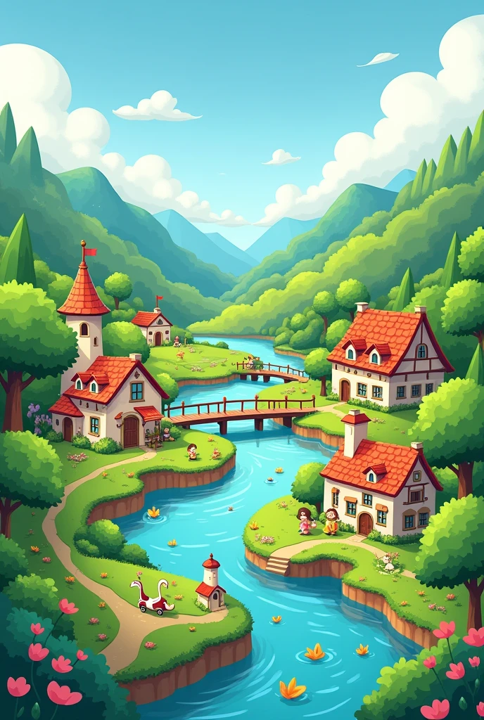 Nature based cartoon background beautiful village where a river flowing through the village andtrees are situated