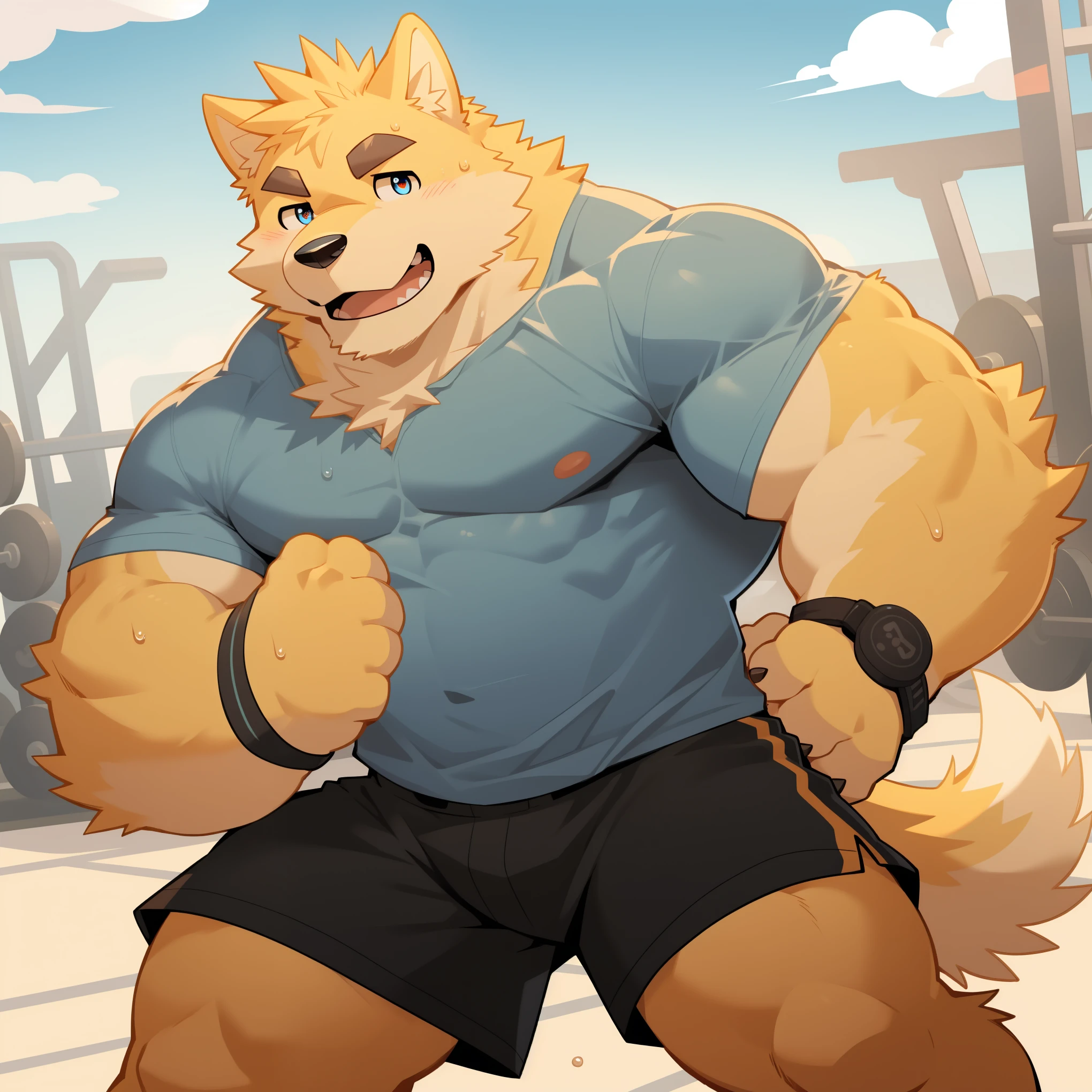Scribble 金毛巡回dog face,Humanity(dog),(wet clothes:1.3),Muscular,(Black eyebrows:1.1),(Perfect eyes),Yellow fur，（artist:Takemoto Arashi），Gym background，Wolf Tail，（Black shorts:1.3），paw，（Sweat:1.3），light pink nipples。