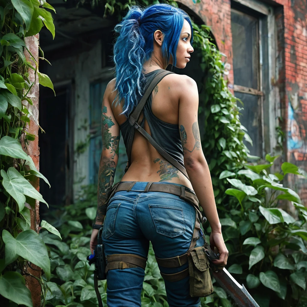 1 girl, beautiful biracial woman with blue hair,blue eyes, extremely detailed full body , look back, Résolution Haute, Building covered by Climbing plant, post apocalyptic univers, survivor dirty clothes, last of us univers ,De Derrière, large round butt, machete on back