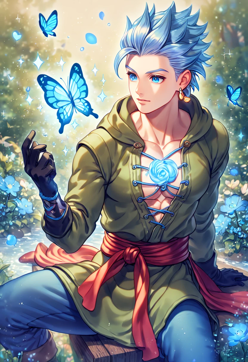 absurdres, highres, ultra detailed, HDR, master piece, best quality, extremely detailed, Erik, light-blue hair, hair slicked up, spiked hair, expressive blue eyes, Dragon Quest XI, solo, sexy man sitting, handsome, sensual, manly man, hooded dark green tunic with lacing that exposes his chest, a red sash tied around his waist, golden earring, black gloves, blue pants, fantasy, magic, sparkling, water, blue moon, blue flowers, blue butterflies, blue petals, garden
