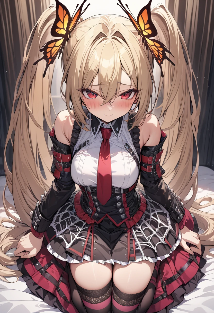 (masterpiece, extremely detailed, best quality, ultra-detailed, illustration1.2), girl. shy, faint smile, blonde hair, short hair, (two very long ponytails), (two very long ponytails), red eyes, hair between eyes, bangs, ((just one butterfly ornament on left forehead)), medium breasts, white shirt, punkish, punkish skirt, knee socks, thighs, red necktie, looking at viewer, cute pose