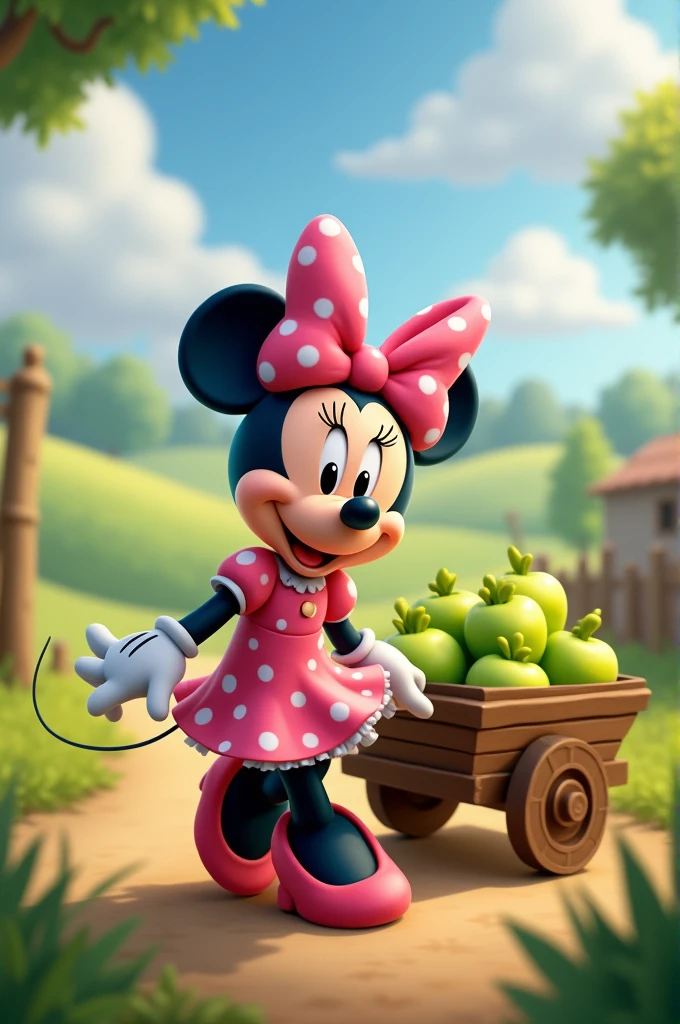 Minie mouse farm with pink dress and white freckles, pulling a wooden cart and she carries green apples.