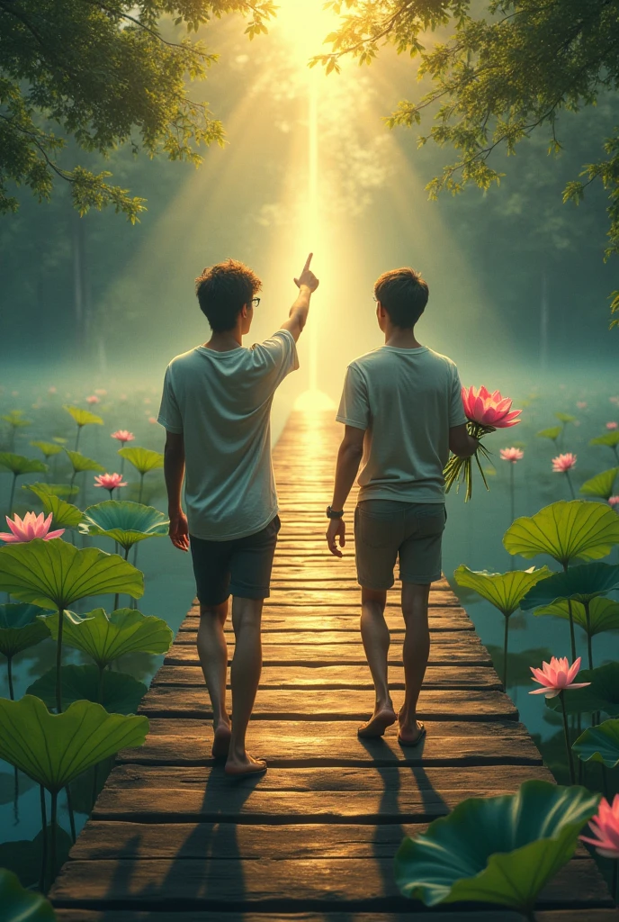 Two perfect young men walk forward on a wooden bridge across a beautiful lake with lotus blossoms, one friend holds a bunch of lotus flowers in one hand and points the other towards a light, the other friend points to a bright yellow light in the distance, a scene of light in the distance, realistic picture, attractive pic