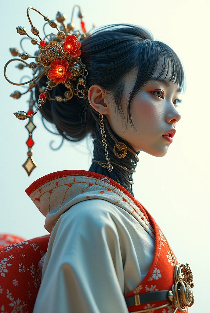 (Highest quality,4K,8k,High resolution,masterpiece:1.2),Very detailed,(Actual,photoActual,photo-Actual:1.37),girl,mechanical,steampunk,Japanese Ukiyo-e Style,,metallic,fluid motion,Stylish design,Cybernetic Enhancements,Complex Gears and Cogs,Wires and Circuits,Strong gaze,Bright colors,Great light,mechanical transformation,mechanical limbs,Futuristic cityscape,mechanical flowers and plants,A cold, distant gaze,Hauntingly beautiful,Gorgeous kimono,translucent mechanical wings,mechanical butterflies,Glowing Eyes,A fusion of traditional and modern elements,Meticulous artistry,Precision Engineering,Attention to detail,industrial aesthetics,The movements are graceful and gentle,Seamless integration of humans and machines,Otherworldly Beings，White Background，Best details，超High resolution