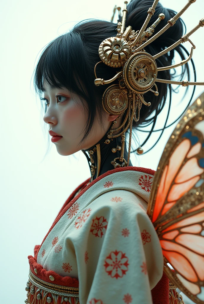 (Highest quality,4K,8k,High resolution,masterpiece:1.2),Very detailed,(Actual,photoActual,photo-Actual:1.37),girl,mechanical,steampunk,Japanese Ukiyo-e Style,,metallic,fluid motion,Stylish design,Cybernetic Enhancements,Complex Gears and Cogs,Wires and Circuits,Strong gaze,Bright colors,Great light,mechanical transformation,mechanical limbs,Futuristic cityscape,mechanical flowers and plants,A cold, distant gaze,Hauntingly beautiful,Gorgeous kimono,translucent mechanical wings,mechanical butterflies,Glowing Eyes,A fusion of traditional and modern elements,Meticulous artistry,Precision Engineering,Attention to detail,industrial aesthetics,The movements are graceful and gentle,Seamless integration of humans and machines,Otherworldly Beings，White Background，Best details，超High resolution