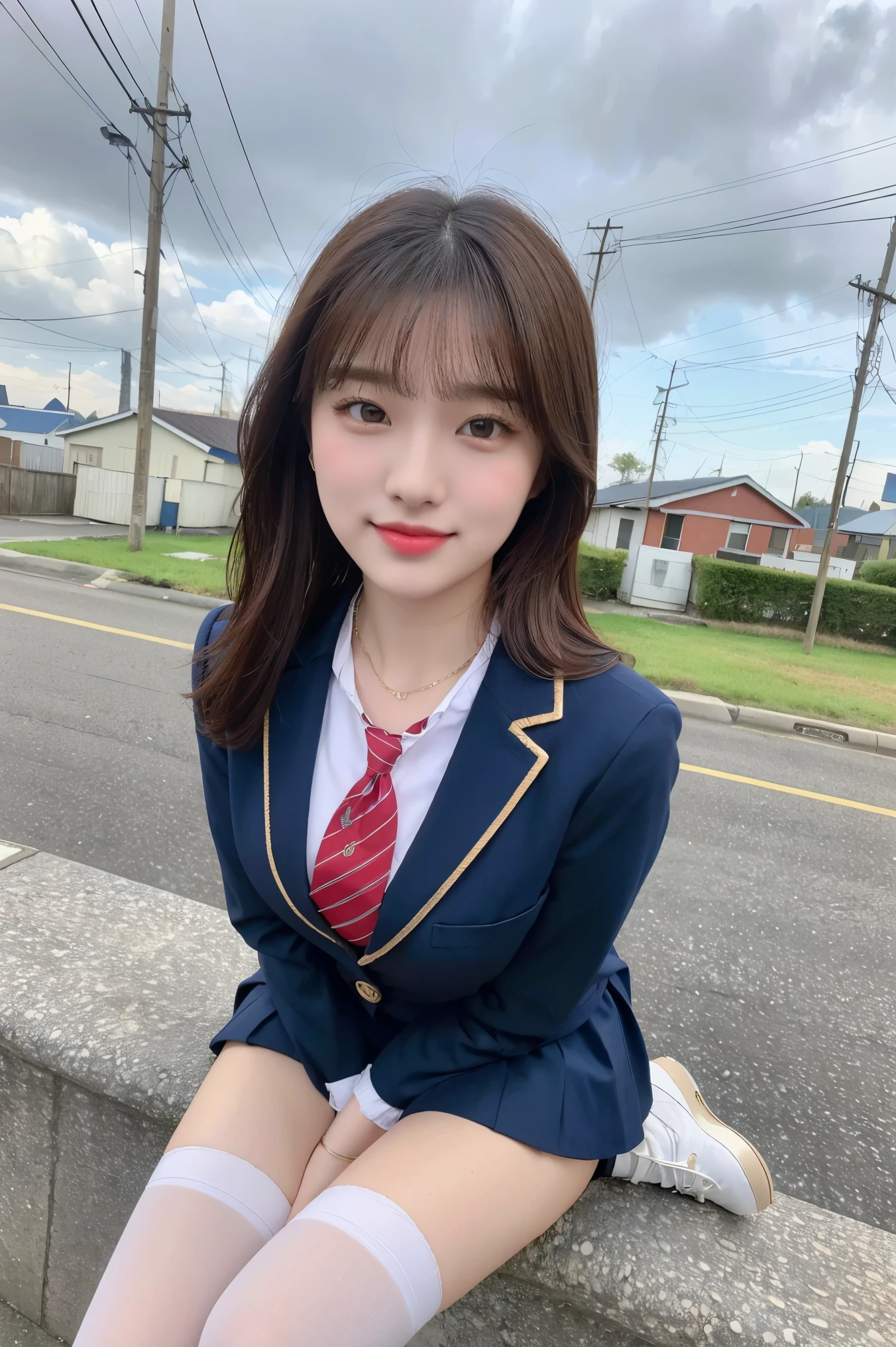 (8k), (Highest quality: 1.2), (Realistic), (Realistic: 1.37), Ultra-high resolution, (One Girl, cute, smile, Mouth closed, Thick lips, Red lips, Beautiful details, Beautiful Nose, (Bob Hair), , Selfie, (school uniform), blazer, White shirt, tie, Pleated skirt, (Blue knee-high socks), From above, Face close-up, Thin Necklace, (Medium Shot: 1.2), There are houses and utility poles in the background, The slightly cloudy sky creates a soft and calm atmosphere..