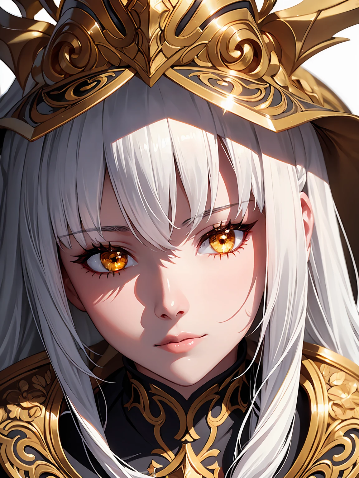 Woman1, face close-up, detailed eyes close-up, bright and glowing golden eyes, beautiful and detailed face, long and detailed white hair, high detail, better resolution, detailed face and eyes