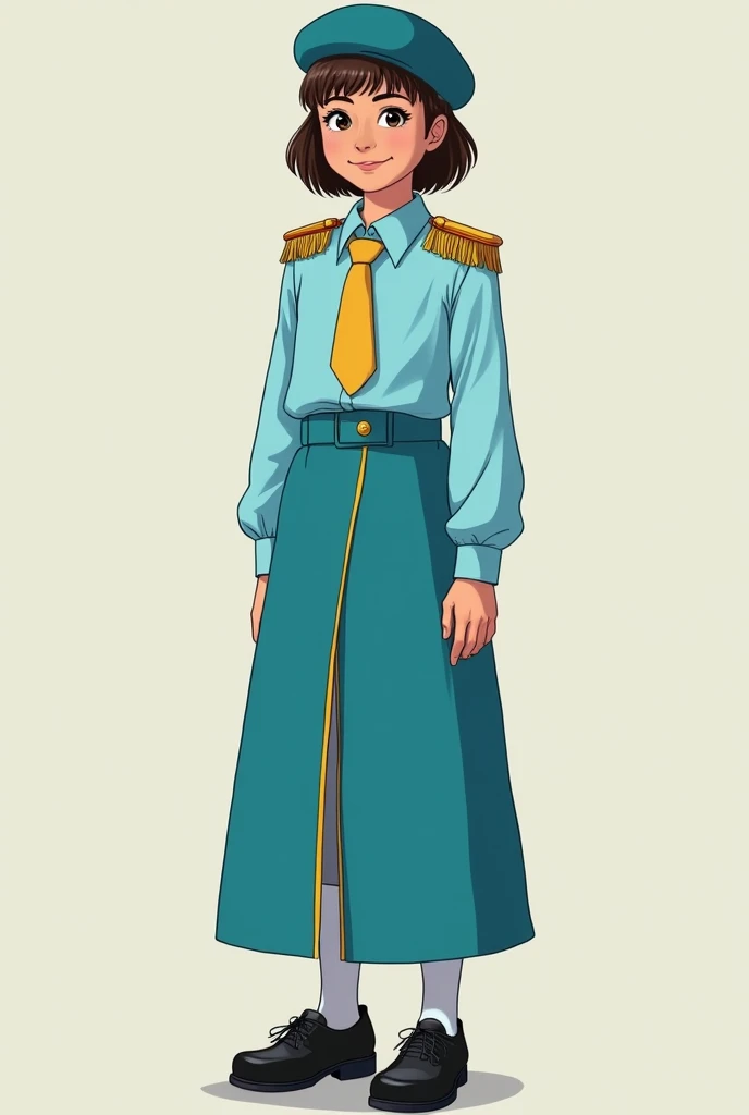 15 year old girl with long sleeve turquoise blue shirt, Turquoise blue skirt with straight line on the side in gold, Simple golden shoulder pads, gold tie, black shoes and turquoise blue beret