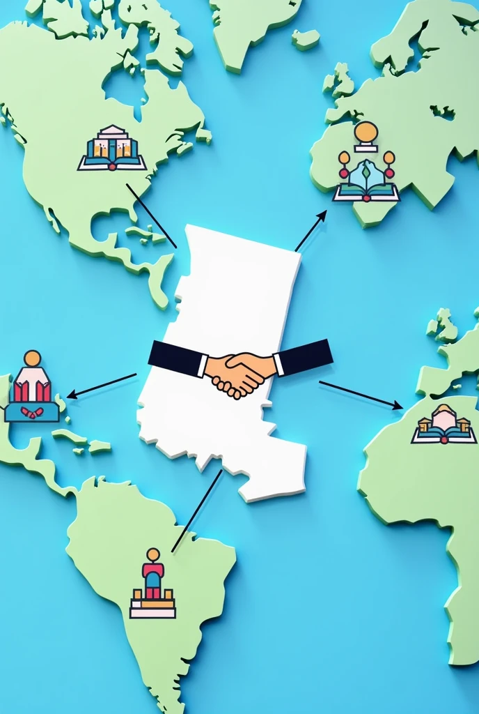 Map of Guatemala in the center, connected by lines to other countries, thus showing international relations.
Interlocking hands or handshake over the connections between countries to symbolize friendship and cooperation.
Symbols of economic development (For example, coins or an ascending chart), social development (families or communities), and cultural development (books or art) around the countries, illustrating common goals.
Flags of Guatemala Blue and green tones in the background to convey a sense of progress and harmony.