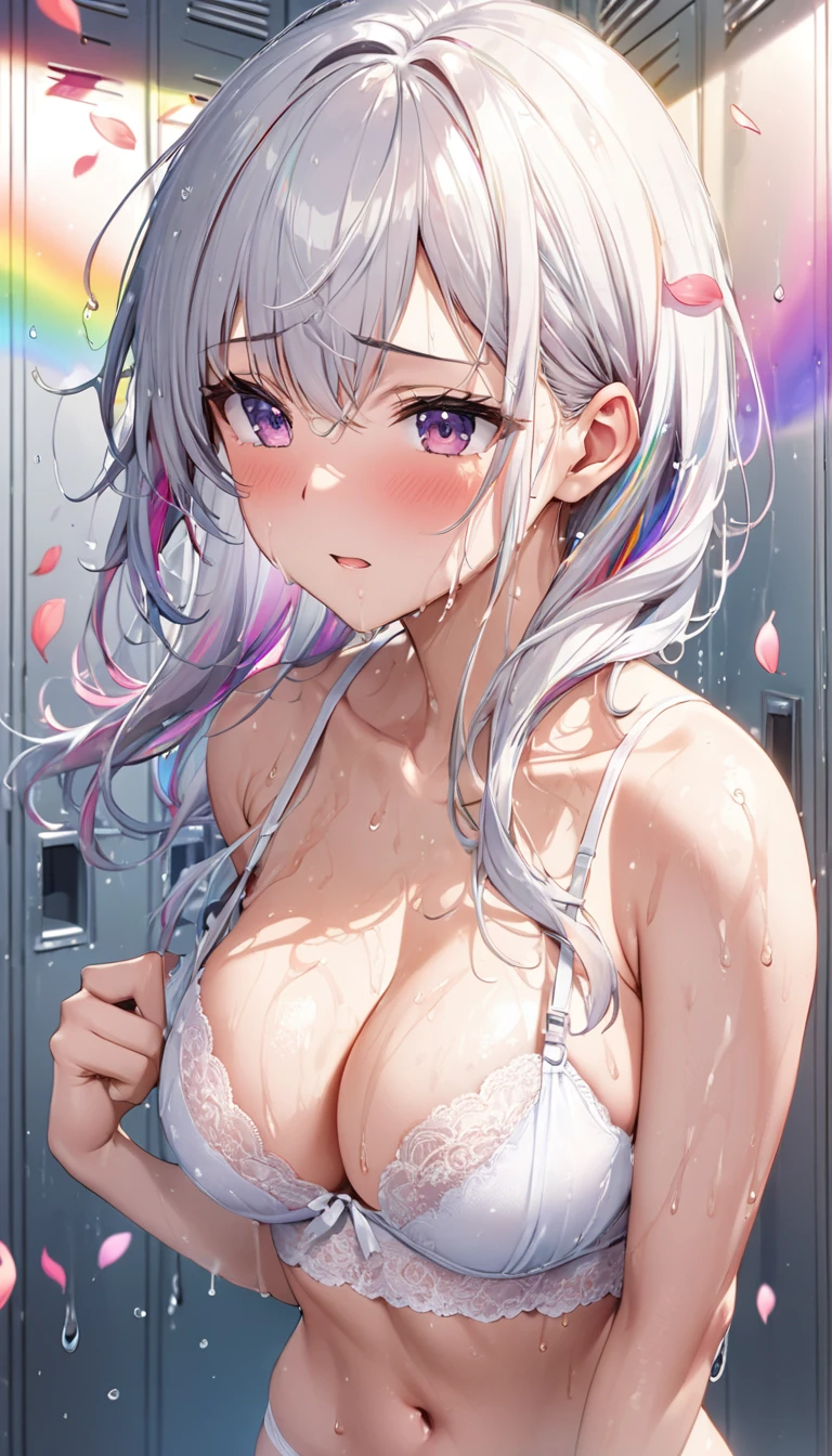 (8K、Highest image quality、highest quality、masterpiece)、detailed face、((one ))、mesugaki、pink hair、twintails、light blue eyes、evil smile、((grin))、small breasts、((white camisole))、knee up、((pussy))、fingering、((fingering:1.2))、((someone else's hand doing fingering:1.3))、shower room background、((nsfw))