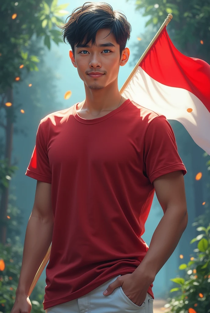 best quality, tmasterpiece, Ultra-high resolution, Clear face, (Reality: 1.4), perfect lighting,(photorealistic: 1.50), anime wallpaper, Guviz style artwork , fantasy cover up to magic , by Yang J, Guviz, beautiful artwork illustration, beautiful digital artwork, beautiful digital illustration, Li Song, beautiful anime portrait, art style at Beauvot,illustration, ethereal and beautiful, highly detailed, CG, unity, 8k wallpaper, Amazing, fine detail, masterpiece, best quality, official art, highly detailed CG unity 8k wallpaper,absurd, extremely absurd, large file size, highly detailed , high resolution, very detailed,beautiful girl with details, very detailed eyes and face, beautiful detailed eyes,light on the face,cinematic lighting, 1boy, (black hair:1.3), short hair, Bangs, Headphone, blue eyes, (Red T-shirt), (White pants), standing, full body, (looking at viwer:1.3), smile, Holding the Indonesian flag, Red and white flag, Right hand holding the flag,