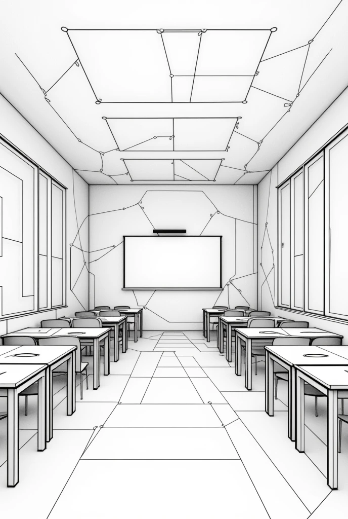 Drawing of a classroom made entirely of geometric figures that is symmetrical and has unity, that looks more like a drawing, and it is a two-dimensional composition, that the perspective is from inside the room, Now make that drawing but all abstract