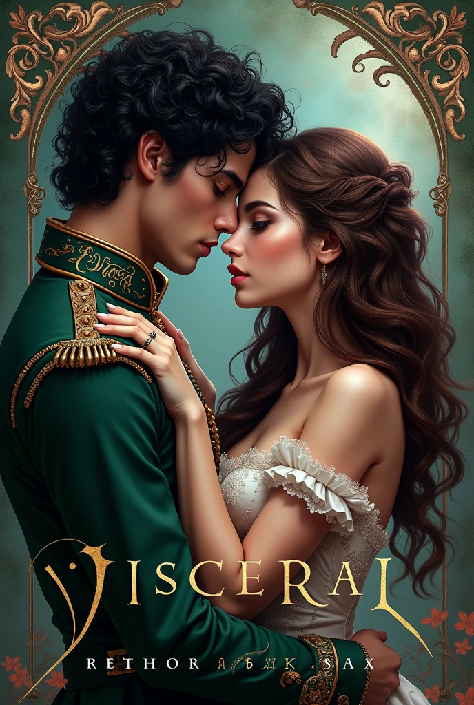 A cover for a romance novel called "visceral" It&#39;s about a kind of Enemys to lovers between a prince with black curly hair, white skin and green eyes and a princess with brown wavy hair, white skin and lilac eyes.. author: Solesxt 