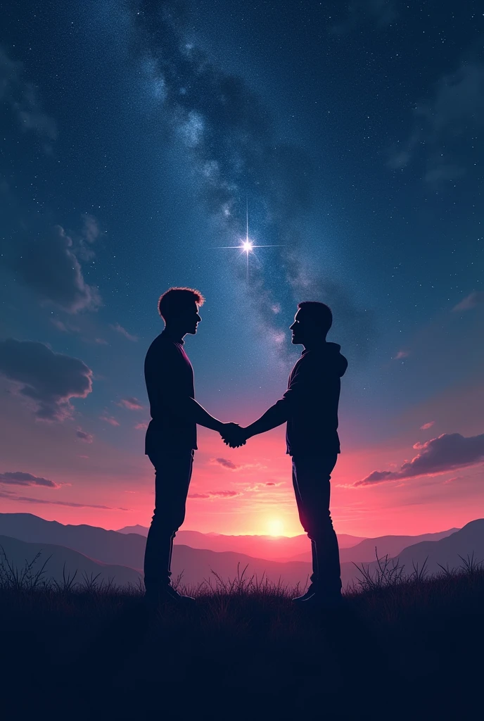 Two shadows of two men trying to hold hands but unable to touch, these two men are in the middle of a plain in the evening, with a starry night (dark blue sky above fading to slightly lighter blue below, with pink and red) with thousands of stars, one in the middle shining a little brighter and standing out from the others.