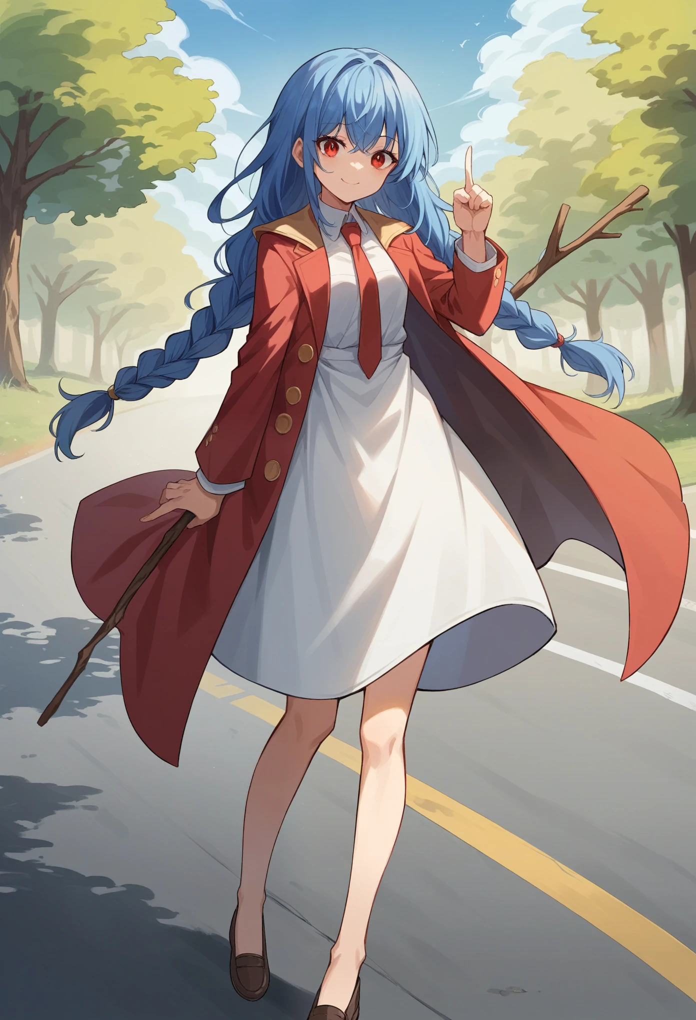 (masterpiece:1.2, Highest quality),(Anime Style),Visible from the knees to the head, girl,Blood red eyes,Tree Eyes,smile,(Sky blue hair),Bangs divided into left and right,Long Hair,Braids Half Up,Tie your hair back a little,amount,White Dress,Gold-trimmed cape,(Red blazer),In front of the gate,road,Stick out your index finger