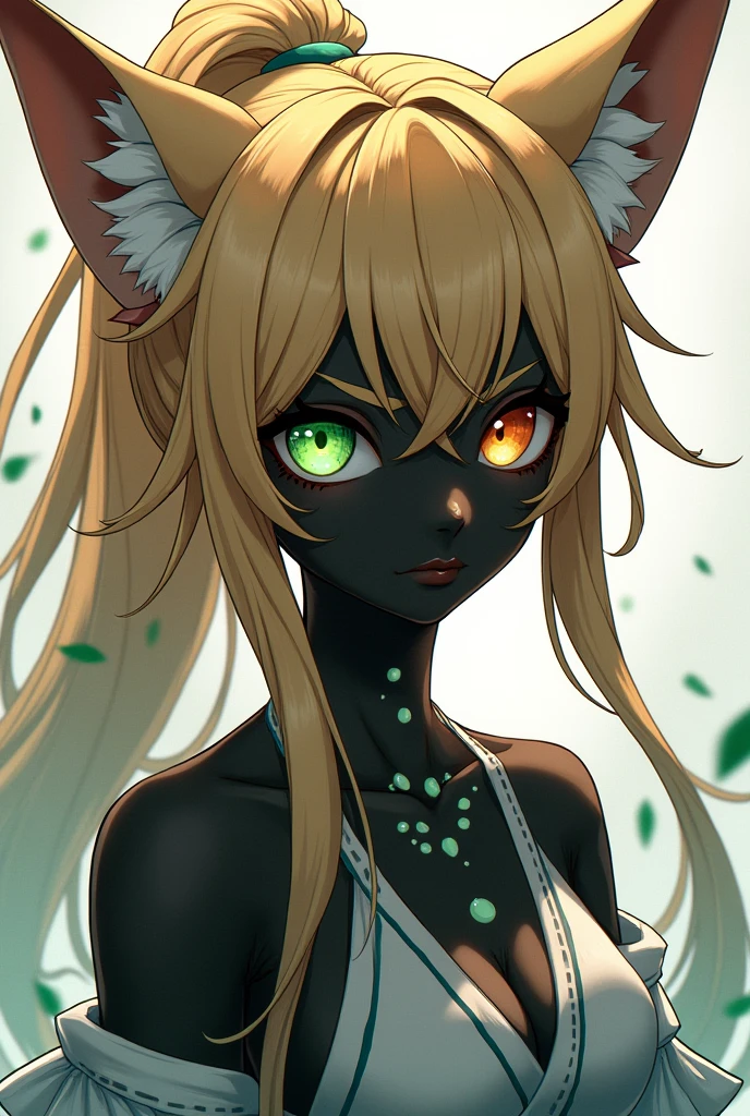 Girl with long fox ears, black skin with vitiligo, has one green eye and one orange eye and long sandy colored hair, tied only with a long ponytail, no estilo genshin impact 