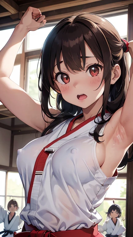 mastute piece,Best Quality,insanely detailed,8k cg,nsfw,
(shoot upper body:1.3),
(1girls:1.3),standing,looking at viewr,body in front,(arms behind back:1.4),(karate uniform:1.4,doges:1.4),karate、(bare breasts:1.3),(open doges:1.2),BREAK,
blush,shy,(ecstasy face),(trembling:1.2),BREAK,(light brown hair:1.3),
BREAK,
perfect breasts,perfect teats,(open mouth:0.9),(large breasts:1.2),
(karate-dojo),karate道場、