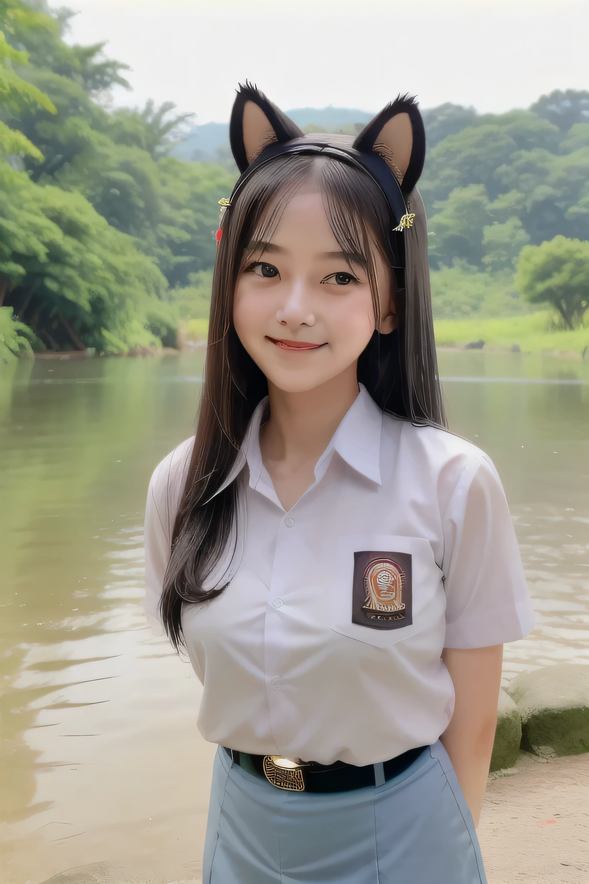 1girl, yellow eyes, long hair, cewe-sma, from fitting, white shirt, gray skirt, belt, looking at viewer, light smile, arms behind back, nature, hair ornament, animal ears, water, wet 