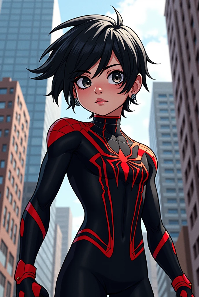 Marvel Comic Panel : A 20 year old boy, White skin, black eyes,  semi short black hair ,  with piercings and a black and red spiderman suit in a city with a fixed gaze 