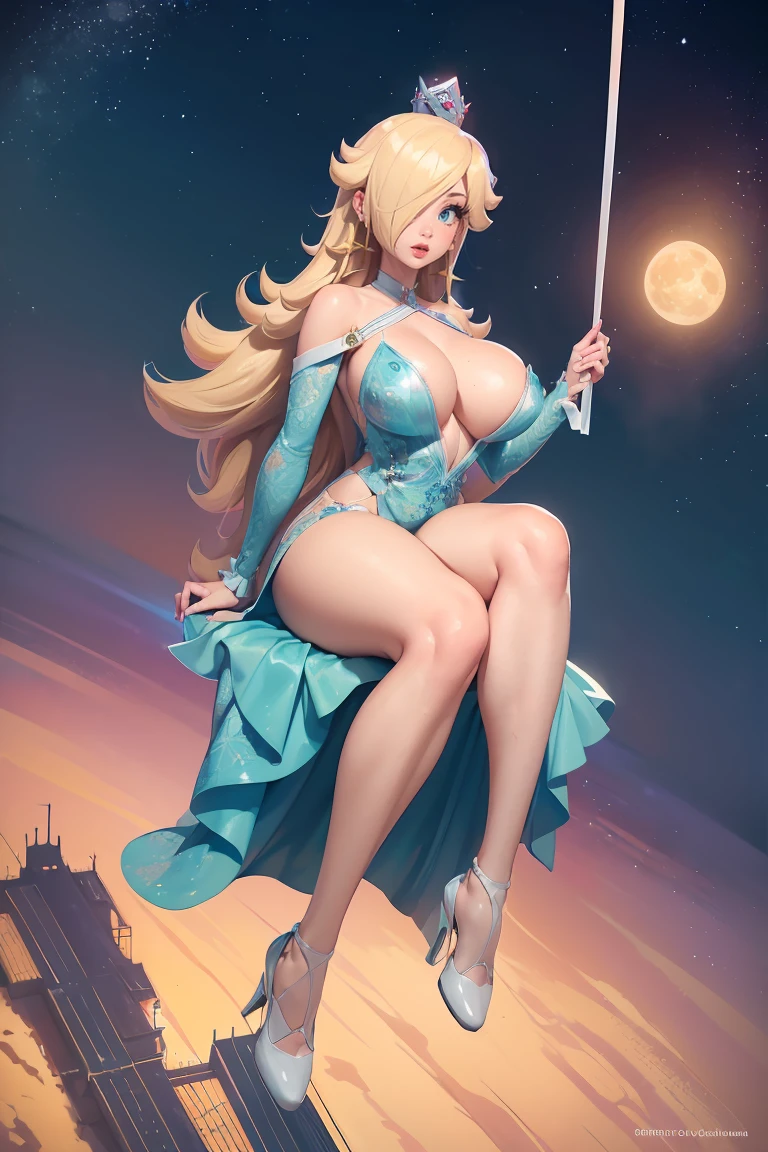 (best quality). (Ultra Detalhado). (1girl), view from above. (Antecedentes detalhados). belos olhos detalhados. rosto delicado e bonito. (high saturation), seios grandes, droopy breasts, (((sexy miss universe blue dress))), (((white stockings))), (((long legs))), (((gigantic breasts))), sitting on a swing